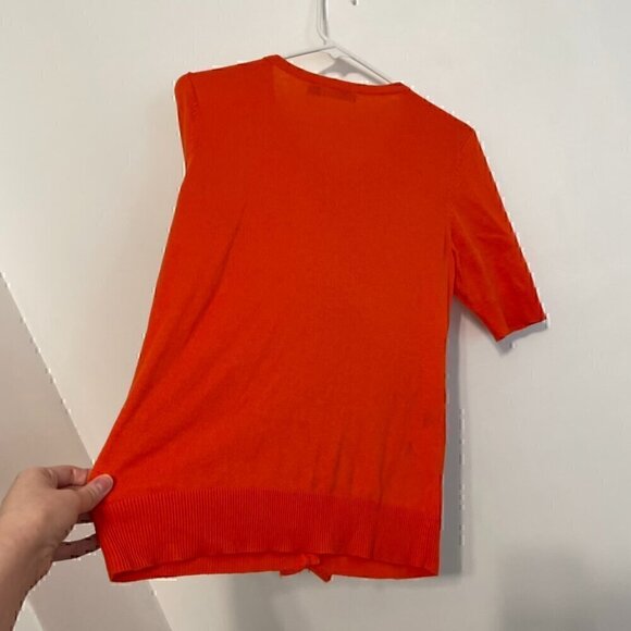 NEW YORK & COMPANY NY&CO Solid Orange Ruffle Short Elbow Sleeve Cardigan Sweater - Picture 12 of 15